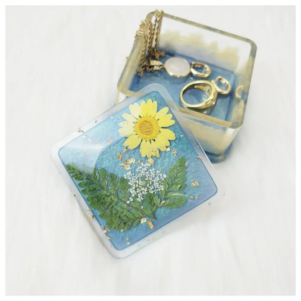 Floral Trinket Box Small Square Jewelry Box Stash Box Teal Blue Yellow Green